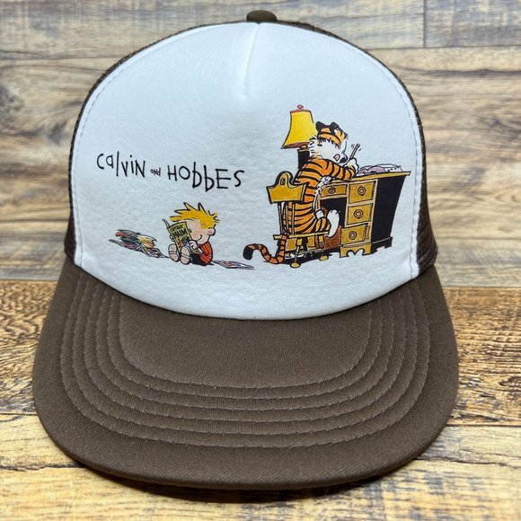 Retro Calvin And Hobbes Mens Trucker Hat Brown Snapback Vintage Comic Book Cap - Picture 1 of 7